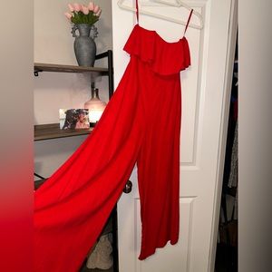 Red strapless romper